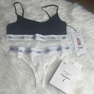 ALO Yoga Blue Cami Bra and White Thong Set
